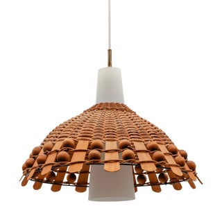 Mid-Century Modern Pendant Light in Rattan, Opaline Glass and Copper, 1960s For Sale