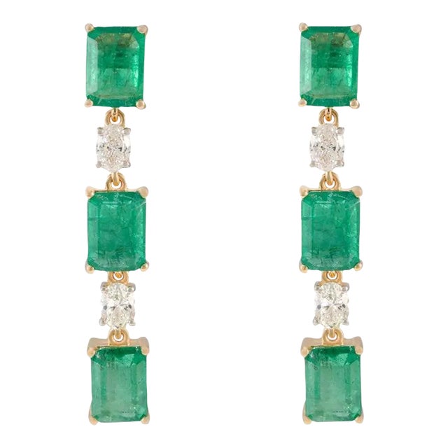 9.11cts Emerald Diamond Cocktail Earrings in 18k Yellow Gold - 2 Pieces For Sale