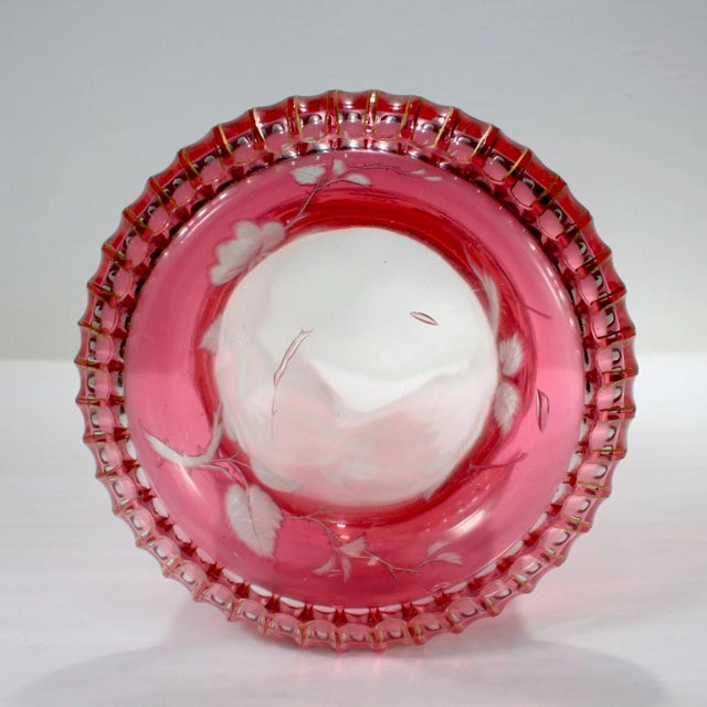 Glass Antique Bohemian Cranberry Overlay Cut to Clear Glass Vase With Roses For Sale - Image 7 of 13