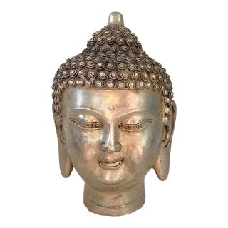 Asian Bronze Plated Silver Buddha Head 5.5" H For Sale