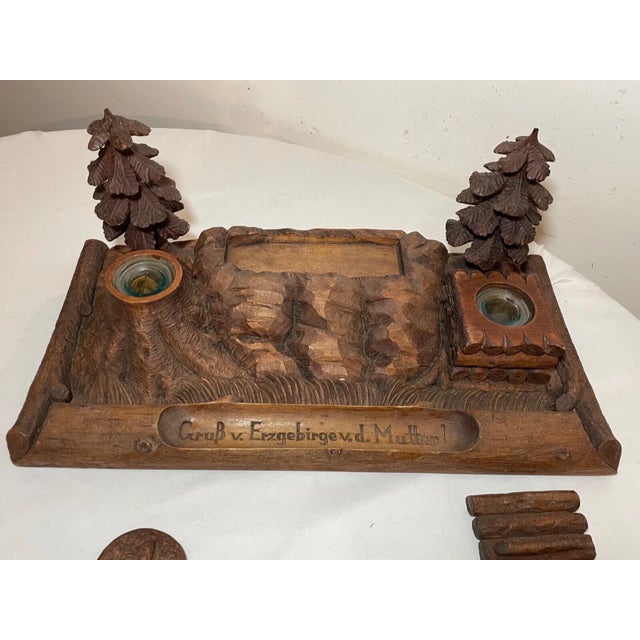Huge Antique 1800's Carved Black Forest Wood German Desk Inkwell Stand Sculpture For Sale - Image 12 of 14