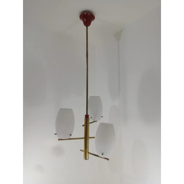 Vintage ceiling chandelier in opal glass and brass. Good condition. Intact brass glass with patina. Up to 250V (Europe/UK...