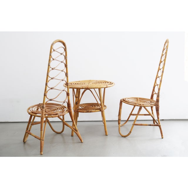 Mid-Century Modern Bamboo Highback Chairs with Side Table, 1960s, Set of 3 For Sale - Image 6 of 11