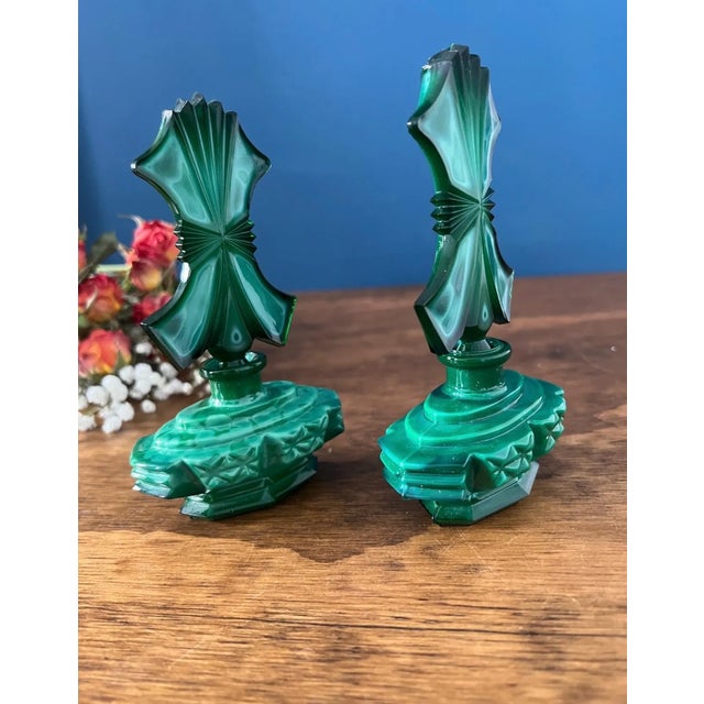 Glass Art Deco Malachite Glass Perfume Bottles Pair For Sale - Image 7 of 18