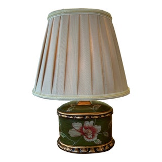 2010 Porcelain Green Floral Tea Caddy Style Lamp With Pleated Shade For Sale
