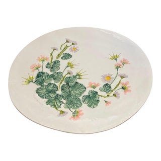 Vintage Hand-Painted Relief Ceramic Botanical Platter – Pelargonium Floral Motif For Sale