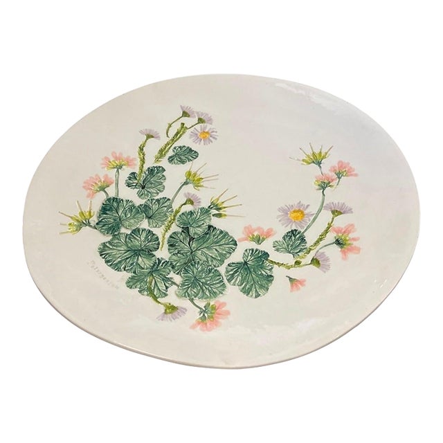 Vintage Hand-Painted Relief Ceramic Botanical Platter – Pelargonium Floral Motif For Sale