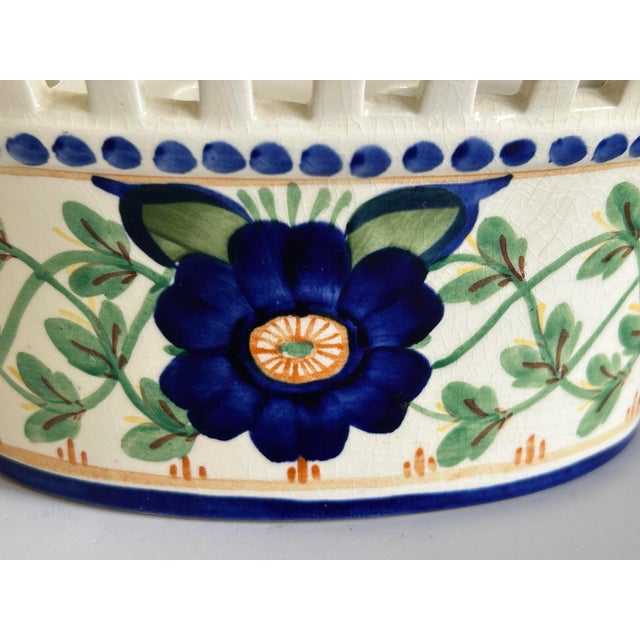 Cream Antique Danish Ceramic Aluminia Faience Jardiniere With Flower Frog Insert For Sale - Image 8 of 12