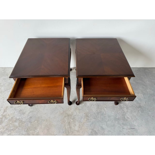 Vintage Drexel Queen Anne Solid Mahogany One-Drawer Nightstands – A Pair For Sale - Image 9 of 12