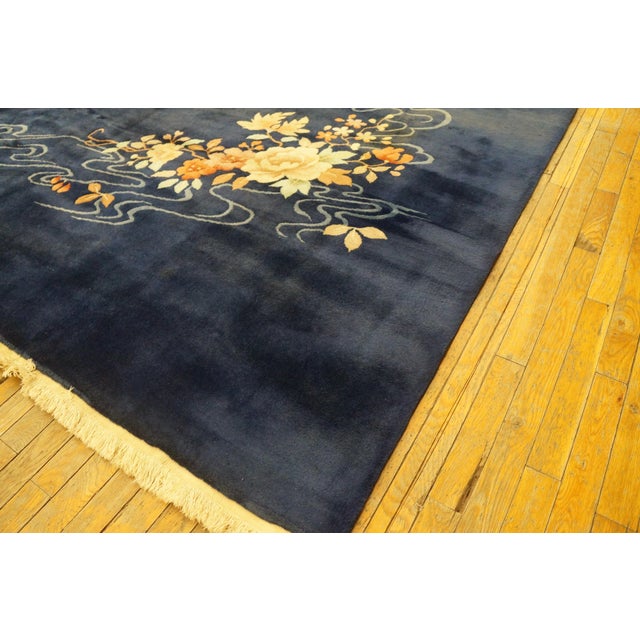 A Lovely Small Floral Bouquet Diagonally in a Royal Blue Open Field Antique Chinese Art Deco Rug For Sale - Image 4 of 4