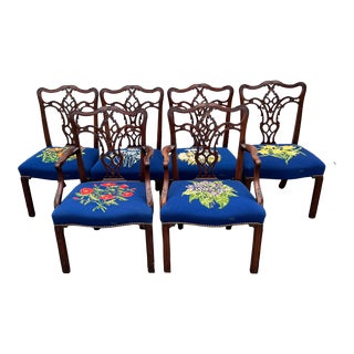 Antique English Chippendale Flowered Needlepoint Dining Chairs Set of 6 For Sale