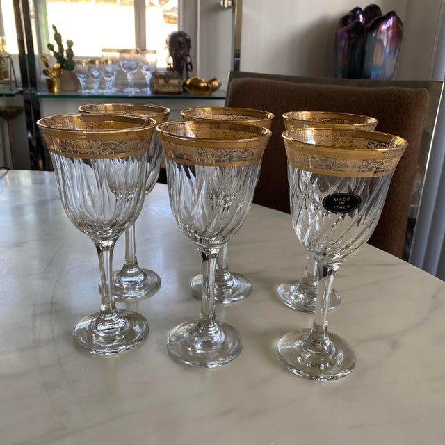 Transparent 1980s Vintage Gilded Venetian Inspired Stemware Wine Glasses- Set of 6 For Sale - Image 8 of 8