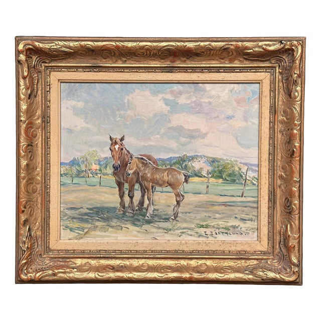 Einar Söderlund, Horses in a Pasture, 1960s, Oil Painting on Panel, Framed For Sale