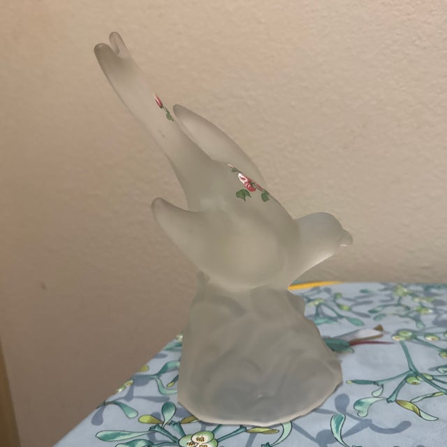 Vintage Le Smith Frosted Satin Glass Bird in Flight Dove Figurine Hand Painted Roses For Sale - Image 9 of 11