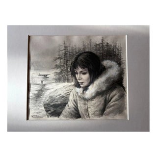 Charles Burki, Woman in Fur Collar Winter Portrait Illustration, 1955, Paper For Sale