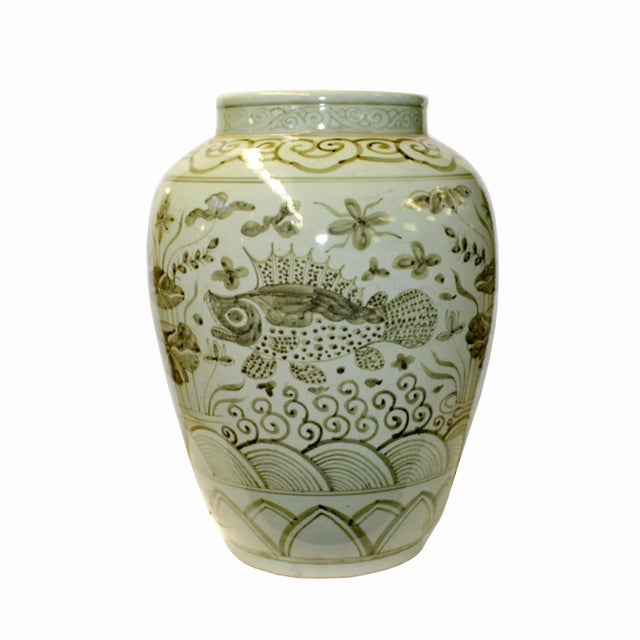 Gray Off White Flowers Fishes Graphic Fat Round Ceramic Vase For Sale - Image 4 of 6