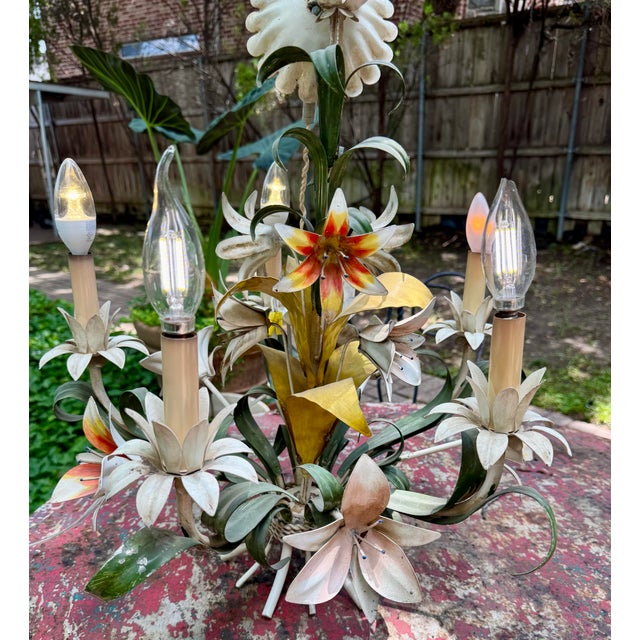 Vintage 1960’s Italian Hand Painted Polychrome 5 Arm Metal Tole Chandelier With Lilies For Sale In Dallas - Image 6 of 12