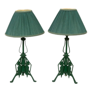 Pair of Art Deco Cast Iron Green Table Lamps. France, 20th Century