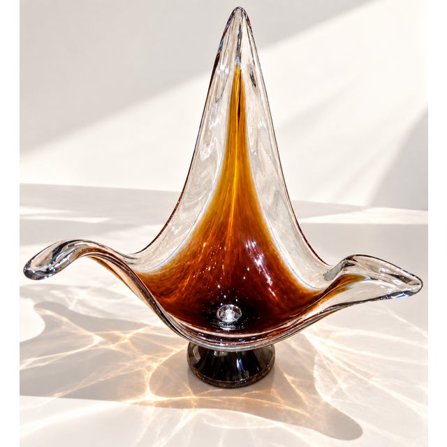 Mid-Century Modern Vintage Amber Murano Glass Centerpiece Bowl on Pedestal, 1960s For Sale - Image 3 of 5