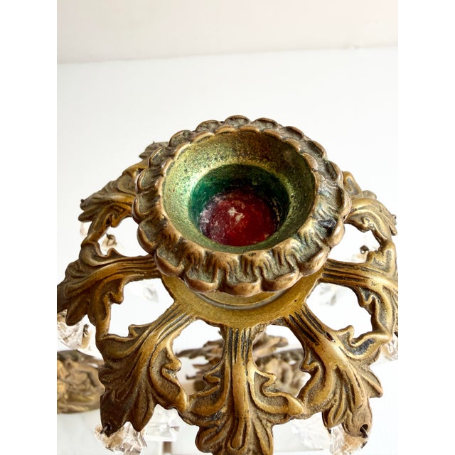 Pair of Antique Brass Victorian Girandole Candlesticks With Marble Base & Prisms For Sale In Cleveland - Image 6 of 12
