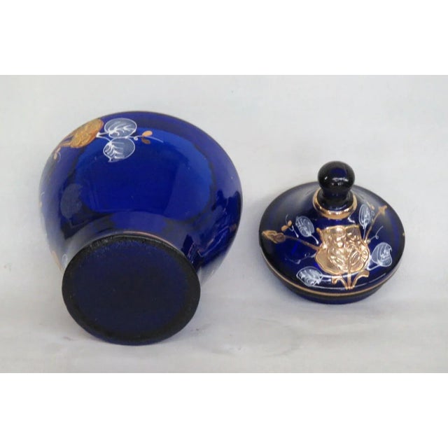 Cobalt Blue Glass Hand Painted Floral Urn Bonboniere Cookie Jar With Lid For Sale - Image 12 of 13