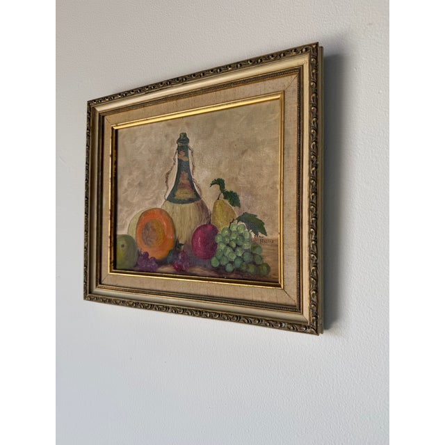 1970s Frances Heller “Fruit and Wine” Still Life Oil on Canvas Board Painting, Wood Framed For Sale - Image 4 of 10