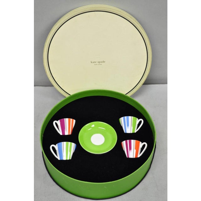 Kate Spade Lenox Collins Stripe Demitasse Espresso Cup & Saucer Set (NIB) - Set of 4 (8 pieces). Circa Late 20th Century....