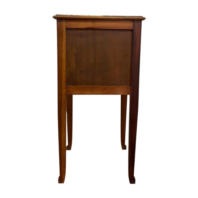 Mid-Century Modern Antique Marble-Top Wooden Nightstand / Bedside Cabinet With Porcelain Interior & Inlaid Accent. For Sale - Image 3 of 10