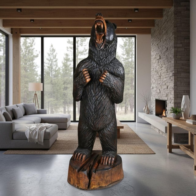 Life Size 6 Foot Handcrafted Wood Carved Black Bear Sculpture For Sale - Image 10 of 16