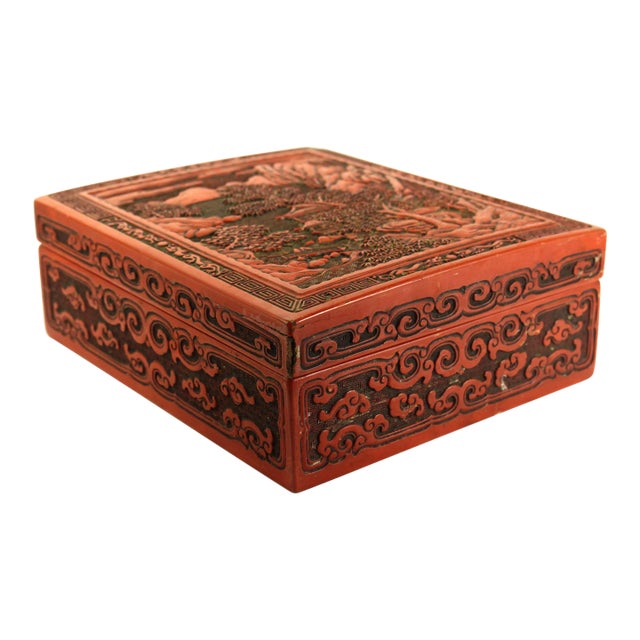 19th Century Chinese X-Large Red Cinnabar Box With Mountainous Landscape For Sale