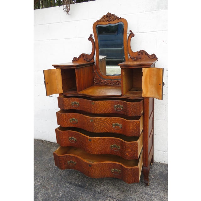 Southern Furniture Early 1900s Tiger Oak Large Tall Serpentine Gentleman’s Chest With Mirror 5982 For Sale - Image 16 of 18