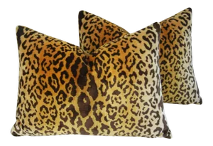 Scalamandre Silk Leopardo Leopard Velvet & Mohair Feather/Down Pillows 24" X 18" - Pair