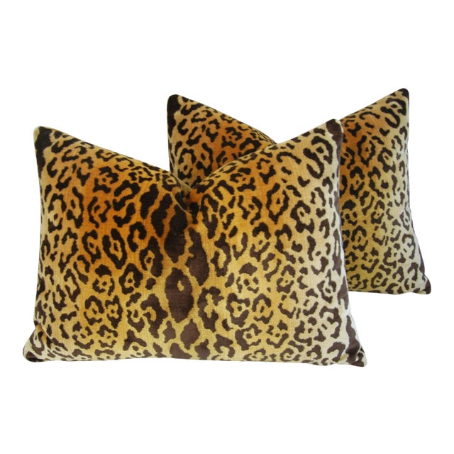 Scalamandre Silk Leopardo Leopard Velvet Feather/Down Pillows 24" X 18" - Pair For Sale