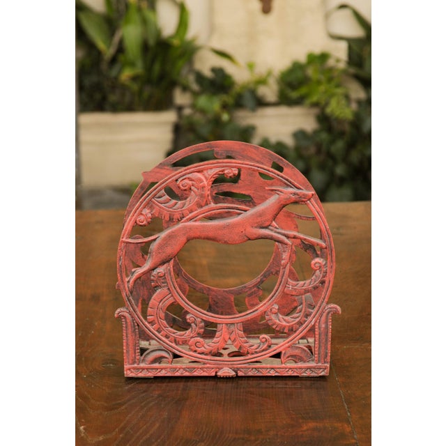 English 1930s Red Painted Metal Magazine Rack with Medallions and Greyhounds For Sale - Image 4 of 11