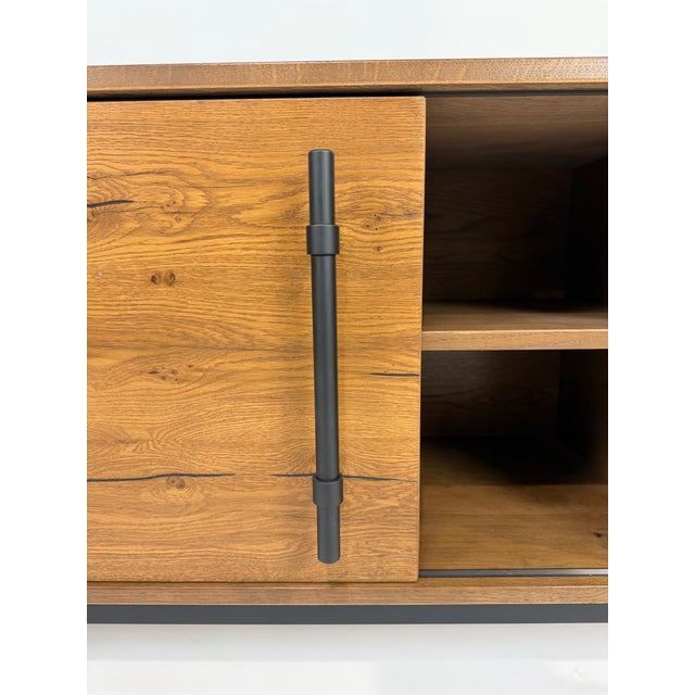 Early 21st Century Arhaus Sullivan Solid Oak Media Console With Black Metal Accents For Sale - Image 5 of 10