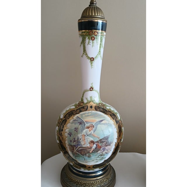 White Angel & Child Antique Opaline Hand Painted, Gilt, and Bronze Lamp -a Pair For Sale - Image 8 of 16
