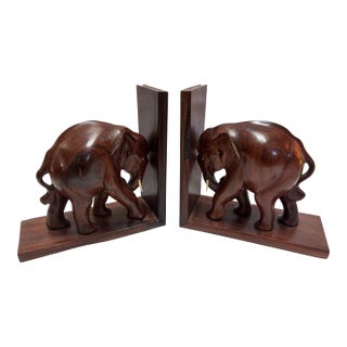 Carved Teak Elephant Bookends, a Pair For Sale