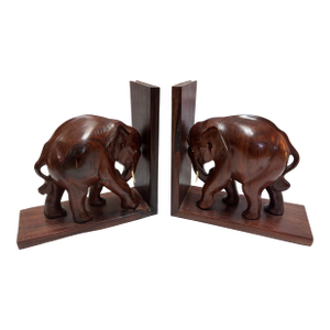Carved Teak Elephant Bookends, a Pair