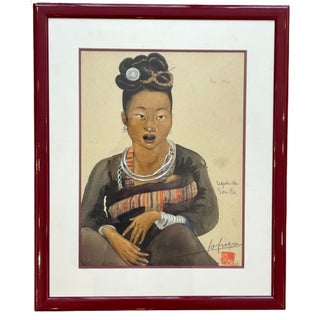 Léa Lafugie, Child and a Woman Ta Moc from the Soula Region, 20th Century, Watercolor, Framed For Sale