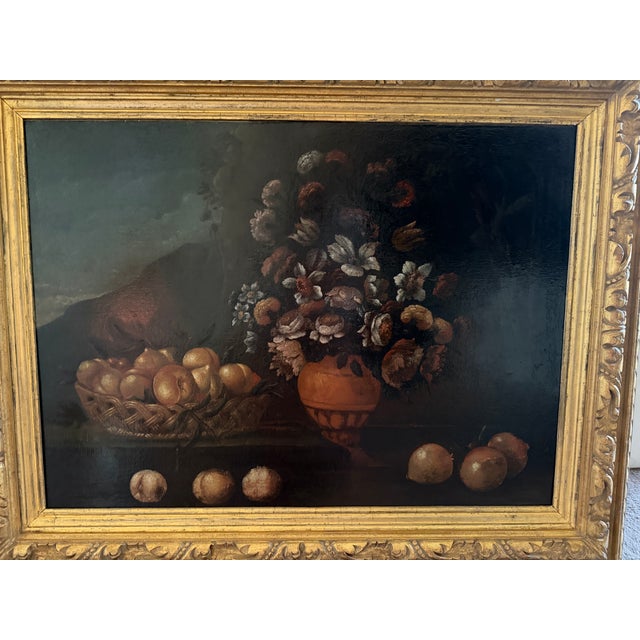 Rose 18th Century Neapolitan School Floral & Fruit Still Life Oil Painting in Monumental Gilt Frame - Unsigned For Sale - Image 8 of 13