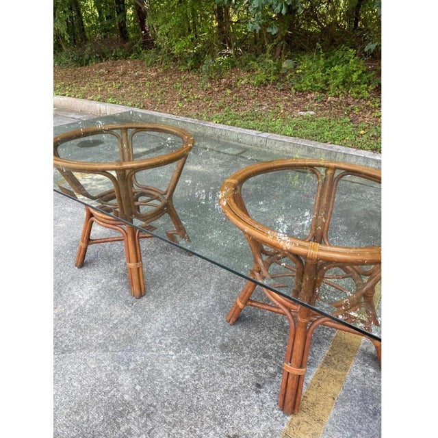 1970s Bamboo Double Pedestal Dining Table with Glass For Sale In Atlanta - Image 6 of 7