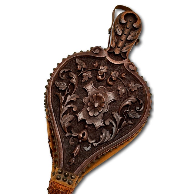 Fine Antique Hand Carved Walnut Black Forest Fireplace Bellows Northwind For Sale - Image 4 of 18