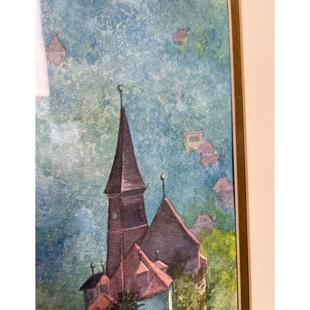 Green Framed European Village Landscape Watercolor, Signed Florence Strauss For Sale - Image 8 of 13
