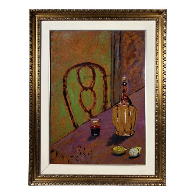 Filippo De Pisis, Still Life with a Bottle of Chianti, Oil on Panel, 1940s For Sale