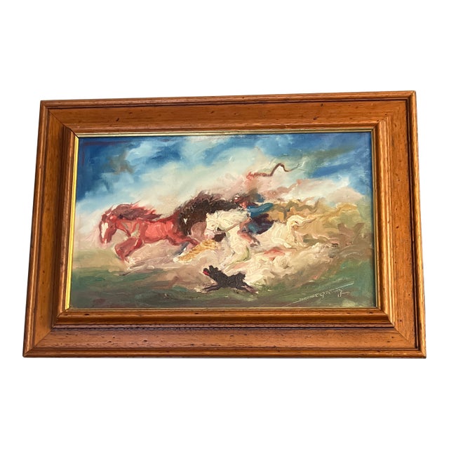 1950’s Abstract Expressionist Racing Horses With Rider & Dog Framed Signed For Sale