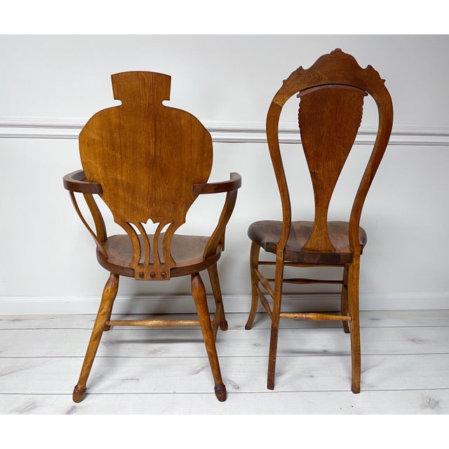 This is an absolutely gorgeous and unique set of the antique cherry armchair and a side chair. Both chairs are solid and...