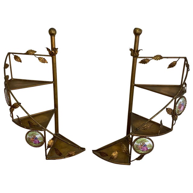 1970s Pair of Gilded Metal Spiral Staircase Wall-Mounted Shelves - 1970's For Sale - Image 5 of 12