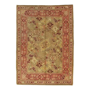 Antique Oushak Carpet, Handmade Oriental Rug, Pale Green, Coral, Taupe and Cream