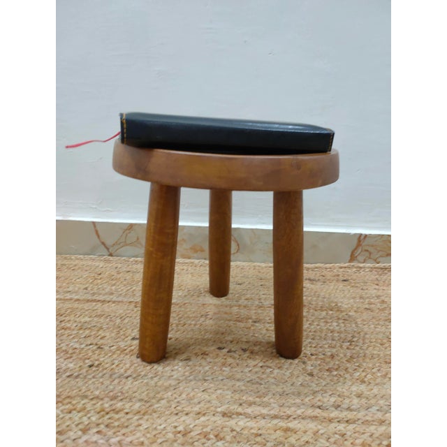 Wooden Handcrafted Mid Century Small Solid Wood Brown Milking Stool For Sale - Image 4 of 8