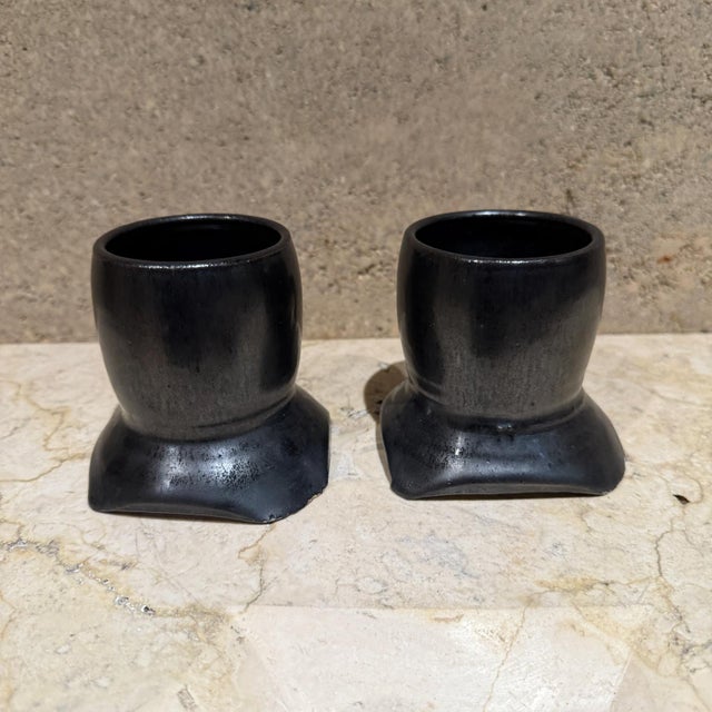AMBIANIC presents 1983 Coffee Mugs sculptural pottery art Signed by artist 1983 Melching black texture 3.5 h x 3.75 w x...